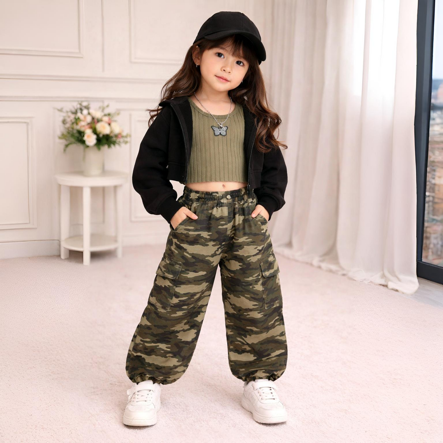 Eboo Tween Girl Solid High-low Hem Hoodie & Camo Print Pants & Tank Top