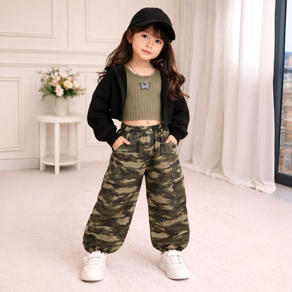 Eboo Tween Girl Solid High-low Hem Hoodie & Camo Print Pants & Tank Top