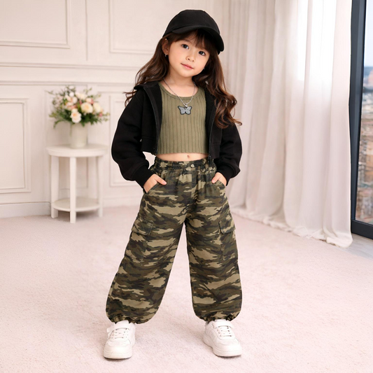 Eboo Tween Girl Solid High-low Hem Hoodie & Camo Print Pants & Tank Top