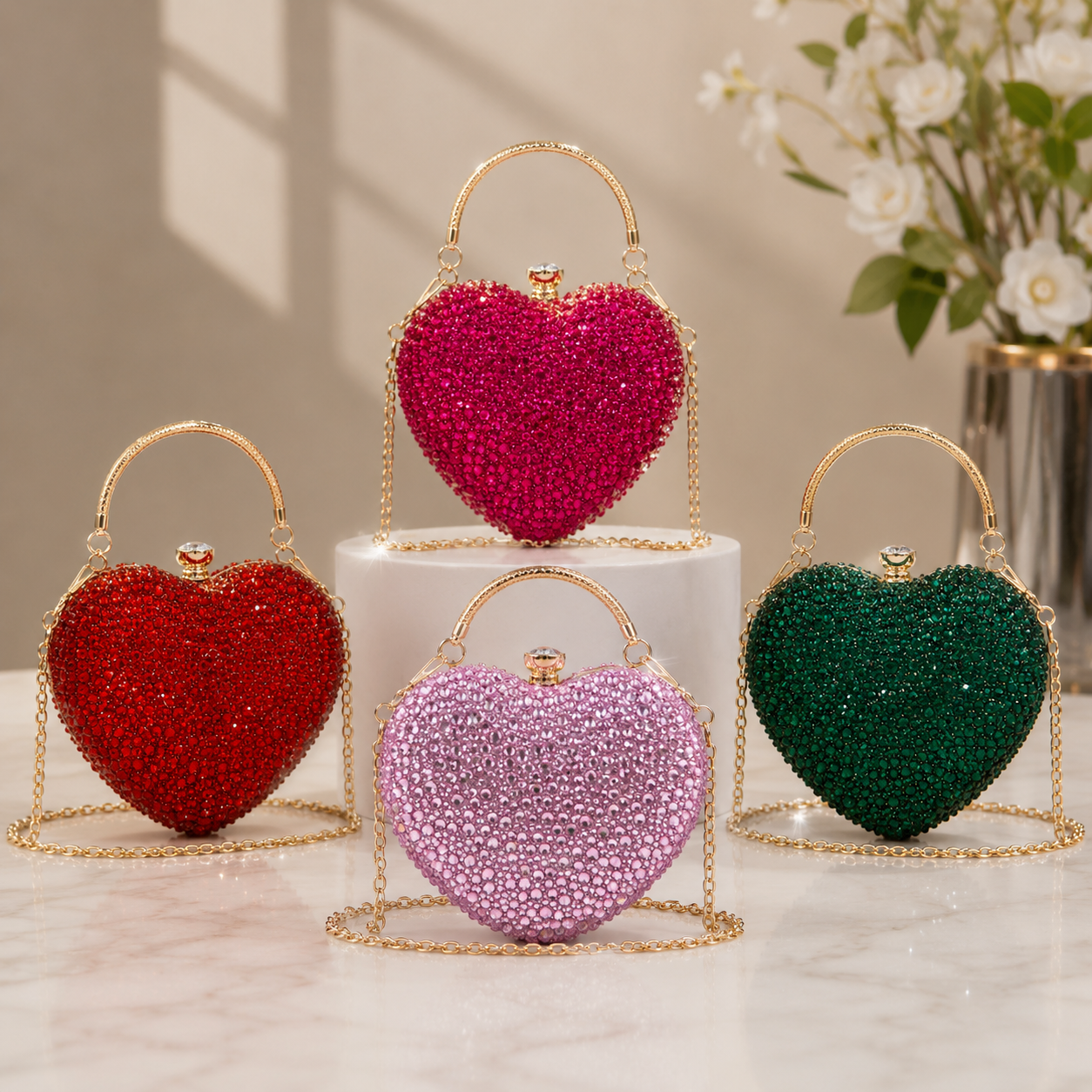 Eboo Luxury Heart Shape Crystal Clutch Bag for Women – Rhinestone Evening Party Handbag with Gold Handle