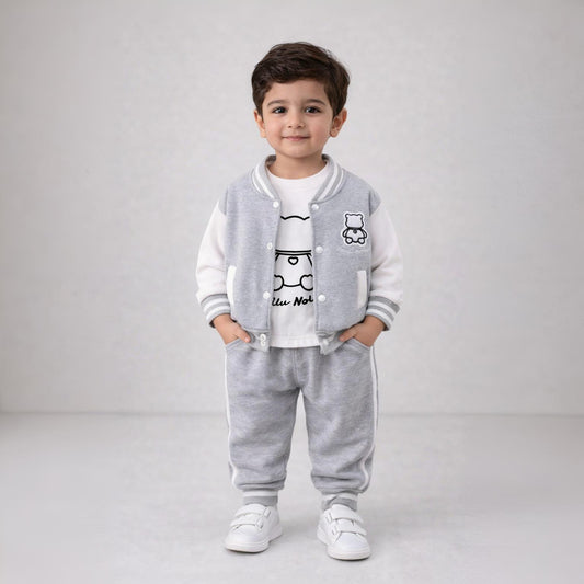 Eboo Grey Teddy Bear Print Kids 2-Piece Tracksuit Set – Jacket & Joggers
