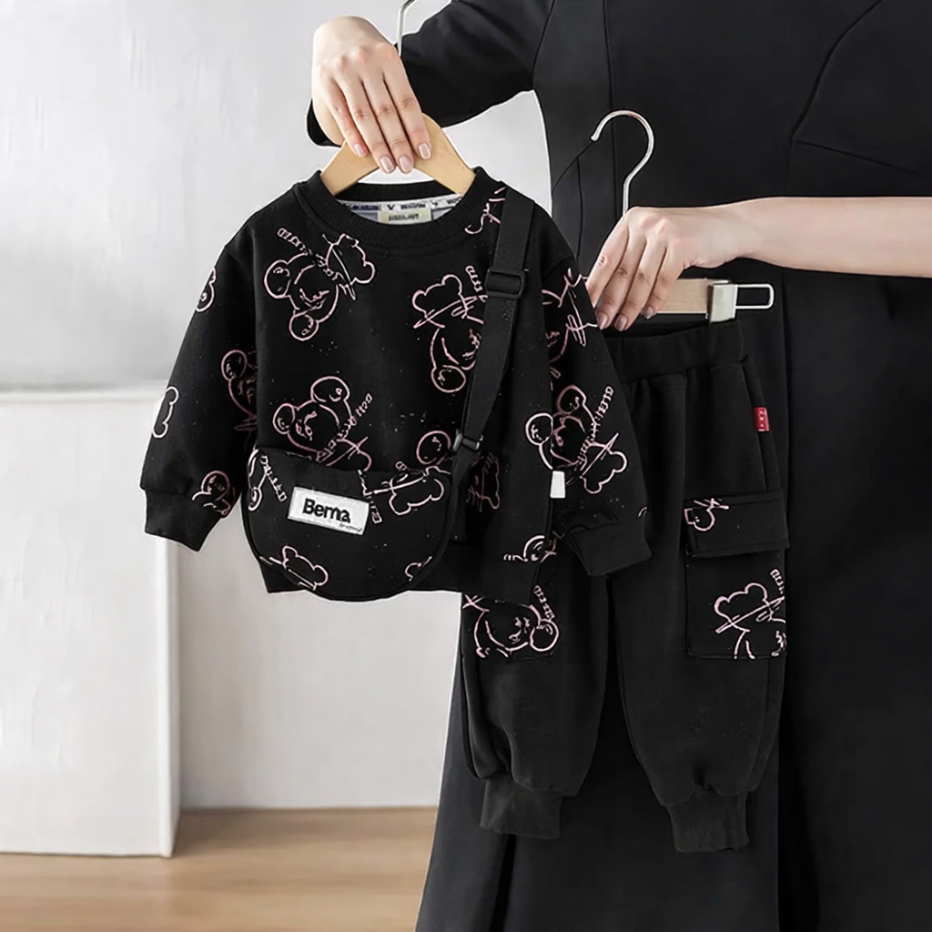 Eboo Boys Bear Printed Sweatshirt With Sling Bag & Jogger Co-ord Set