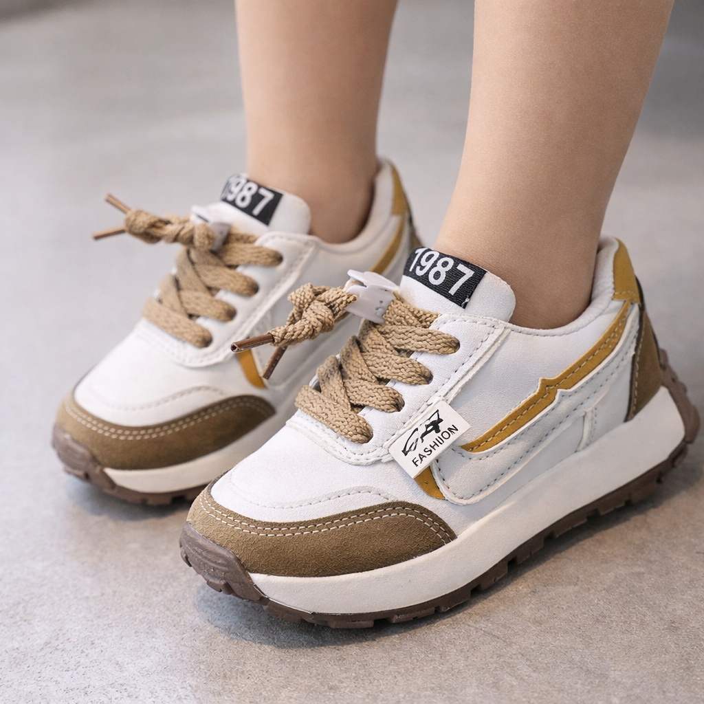 Eboo Kids’ Retro White Sneakers with Black & Brown Accents