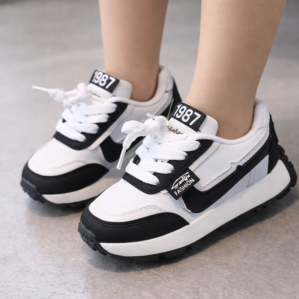 Eboo Kids’ Retro White Sneakers with Black & Brown Accents