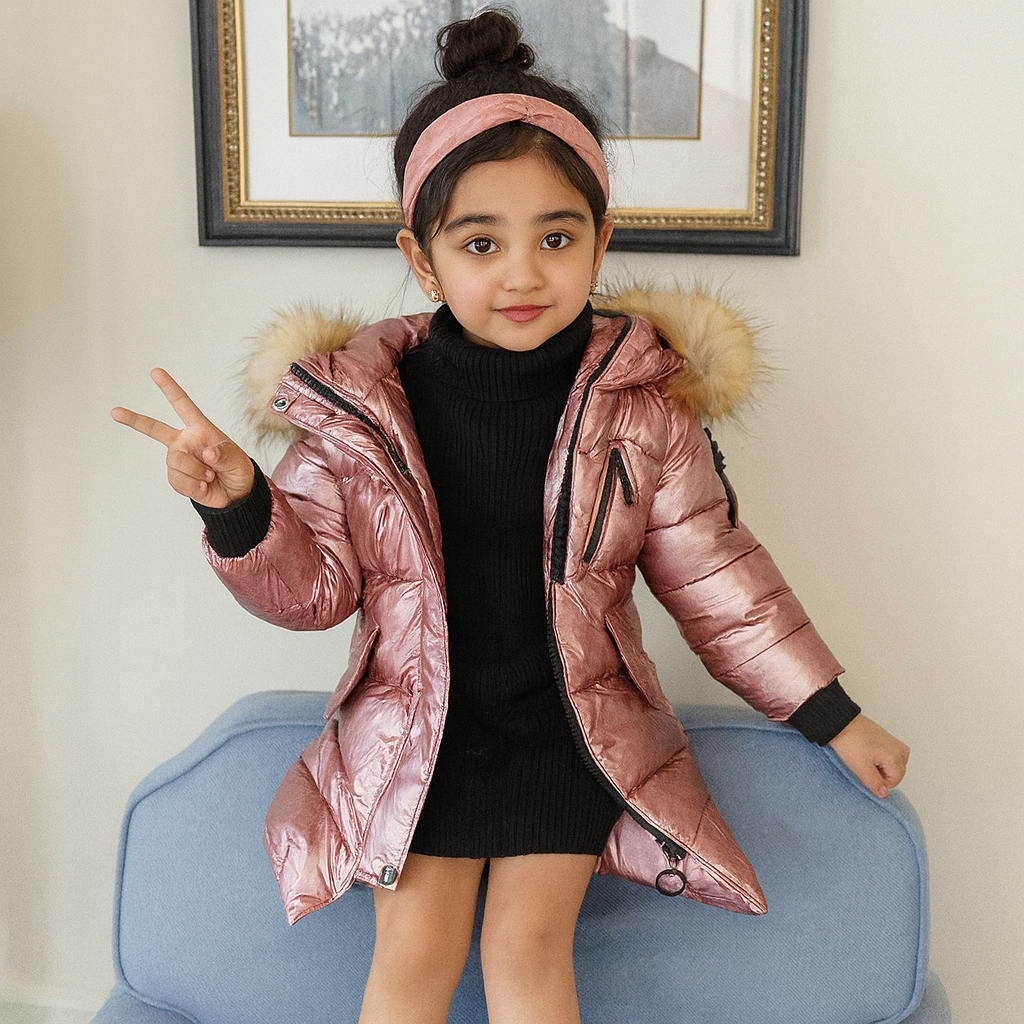 Eboo Kids Metallic Winter Fur Hood Coat Warm & Stylish Puffer Jacket (Pink)