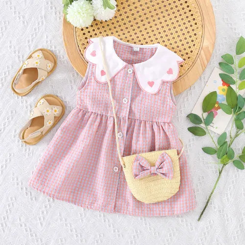 Eboo Baby Girls Sleeveless Heart Print Dress+Bag Set (Pink)