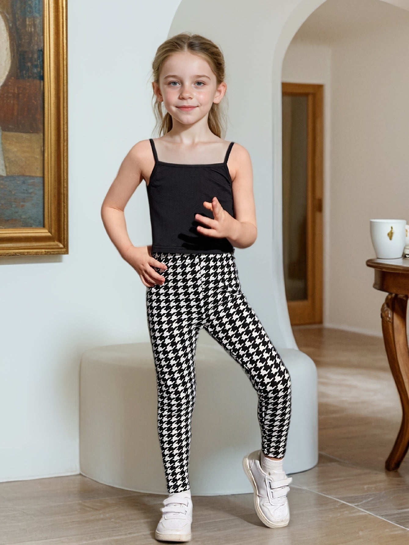 Eboo Girl Houndstooth Print Open Front Coat With Cami Top & Leggings