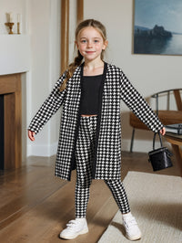 Eboo Girl Houndstooth Print Open Front Coat With Cami Top & Leggings
