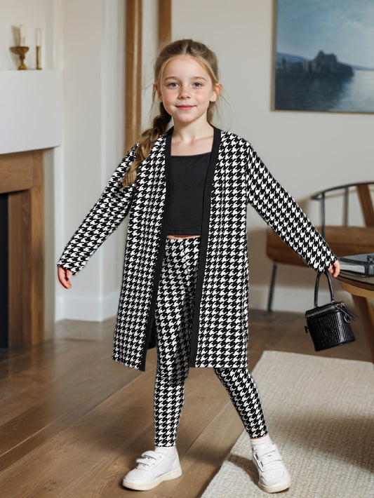 Eboo Girl Houndstooth Print Open Front Coat With Cami Top & Leggings