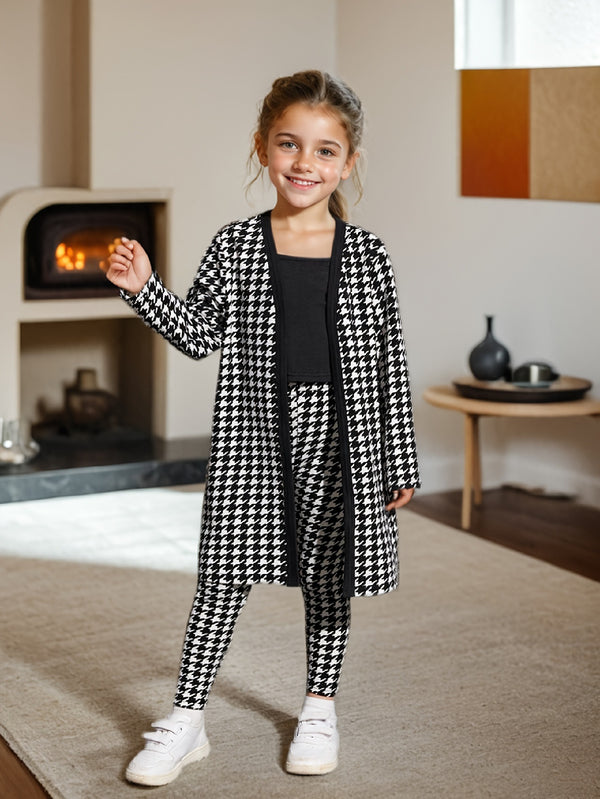 Eboo Girl Houndstooth Print Open Front Coat With Cami Top & Leggings