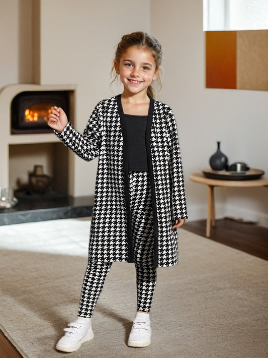 Eboo Girl Houndstooth Print Open Front Coat With Cami Top & Leggings