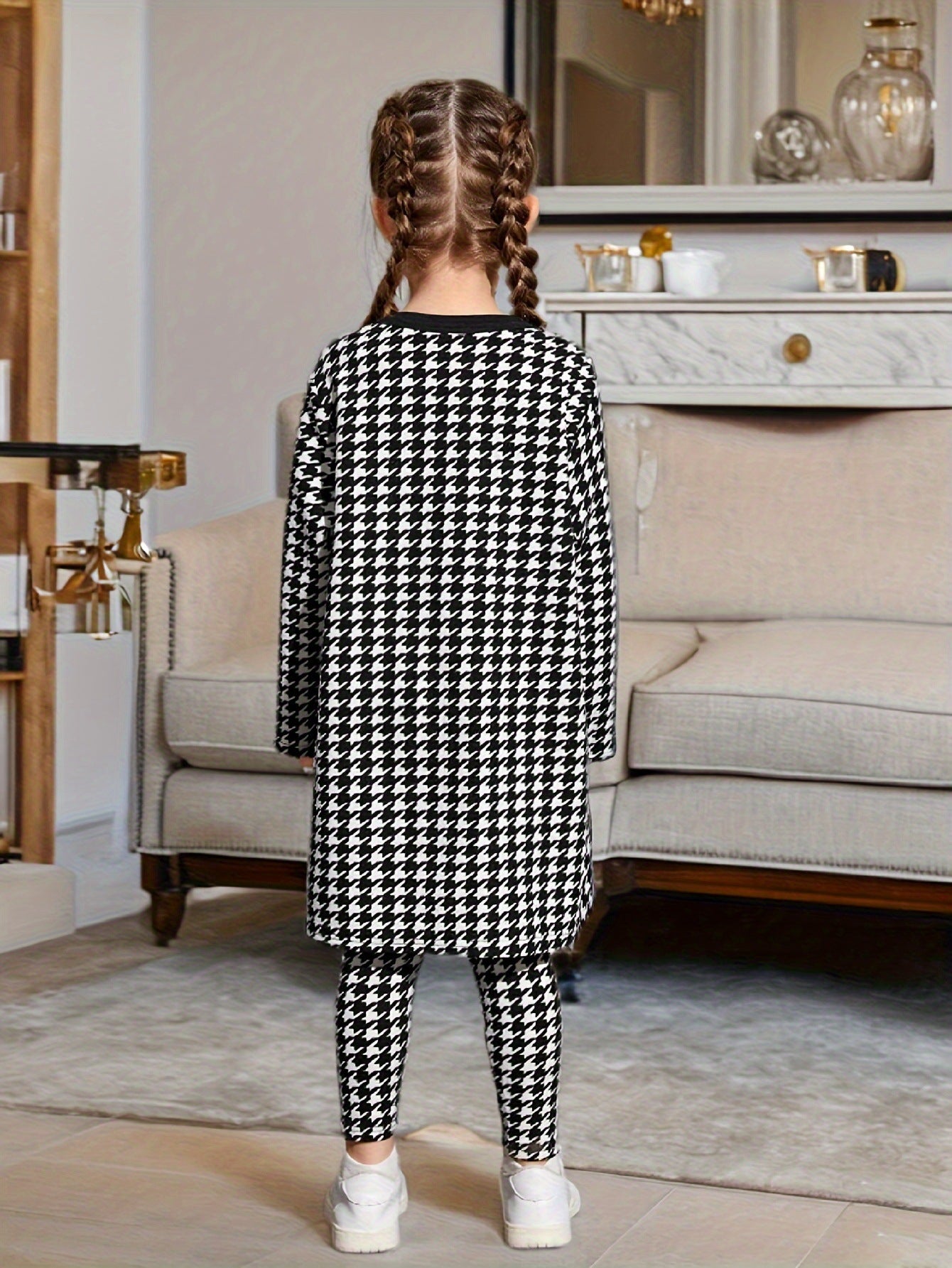 Eboo Girl Houndstooth Print Open Front Coat With Cami Top & Leggings