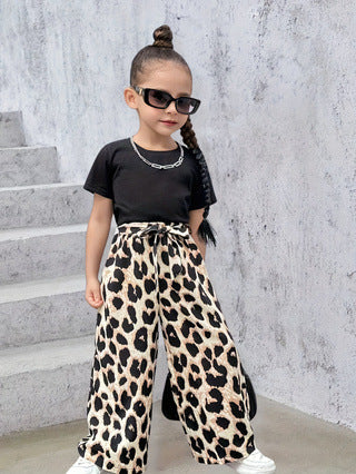 Eboo leopard print short sleeve suit girls round neck short