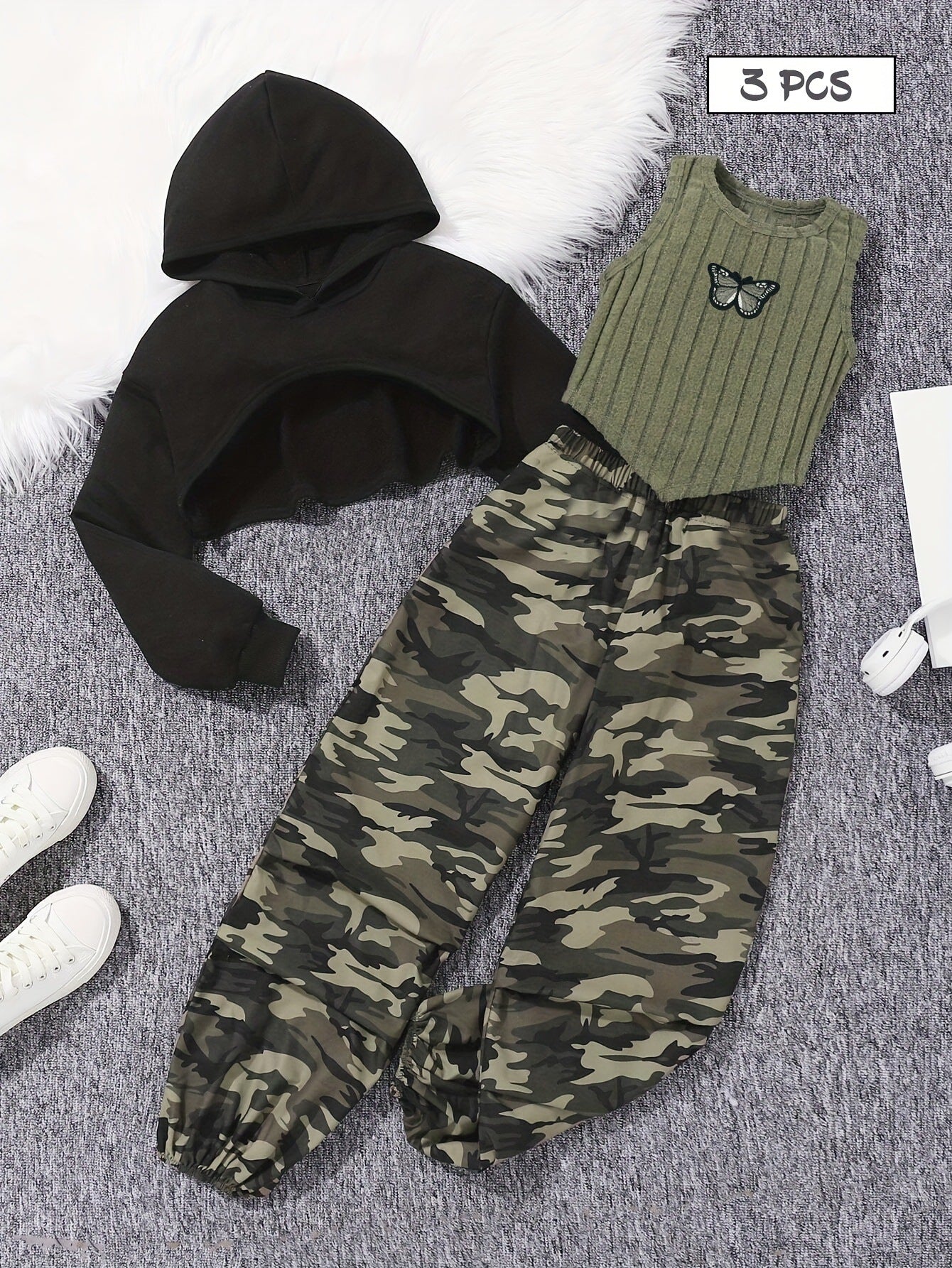 Eboo Tween Girl Solid High-low Hem Hoodie & Camo Print Pants & Tank Top