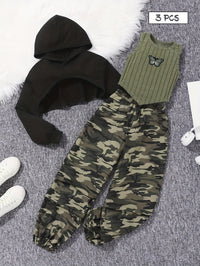 Eboo Tween Girl Solid High-low Hem Hoodie & Camo Print Pants & Tank Top