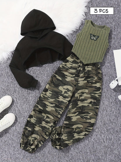 Eboo Tween Girl Solid High-low Hem Hoodie & Camo Print Pants & Tank Top