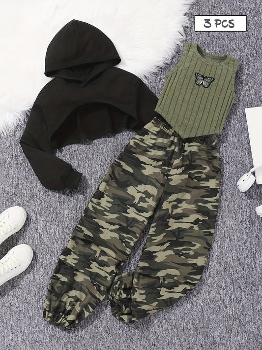 Eboo Tween Girl Solid High-low Hem Hoodie & Camo Print Pants & Tank Top