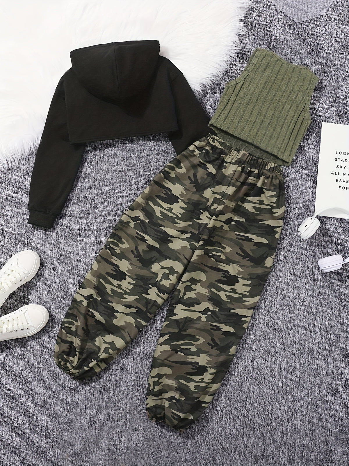Eboo Tween Girl Solid High-low Hem Hoodie & Camo Print Pants & Tank Top