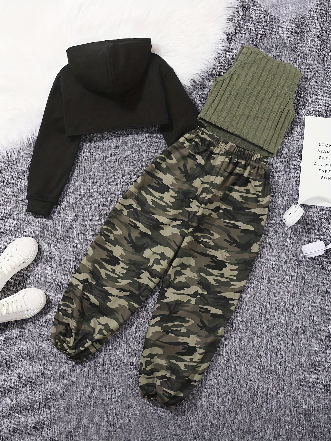 Eboo Tween Girl Solid High-low Hem Hoodie & Camo Print Pants & Tank Top