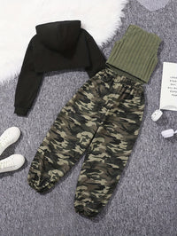 Eboo Tween Girl Solid High-low Hem Hoodie & Camo Print Pants & Tank Top