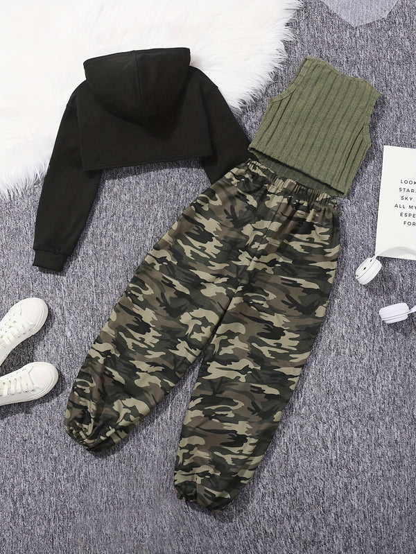 Eboo Tween Girl Solid High-low Hem Hoodie & Camo Print Pants & Tank Top