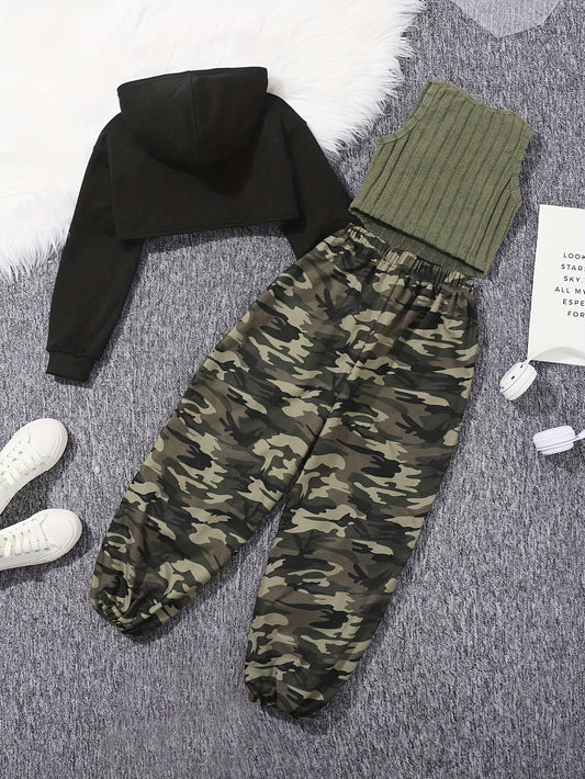 Eboo Tween Girl Solid High-low Hem Hoodie & Camo Print Pants & Tank Top