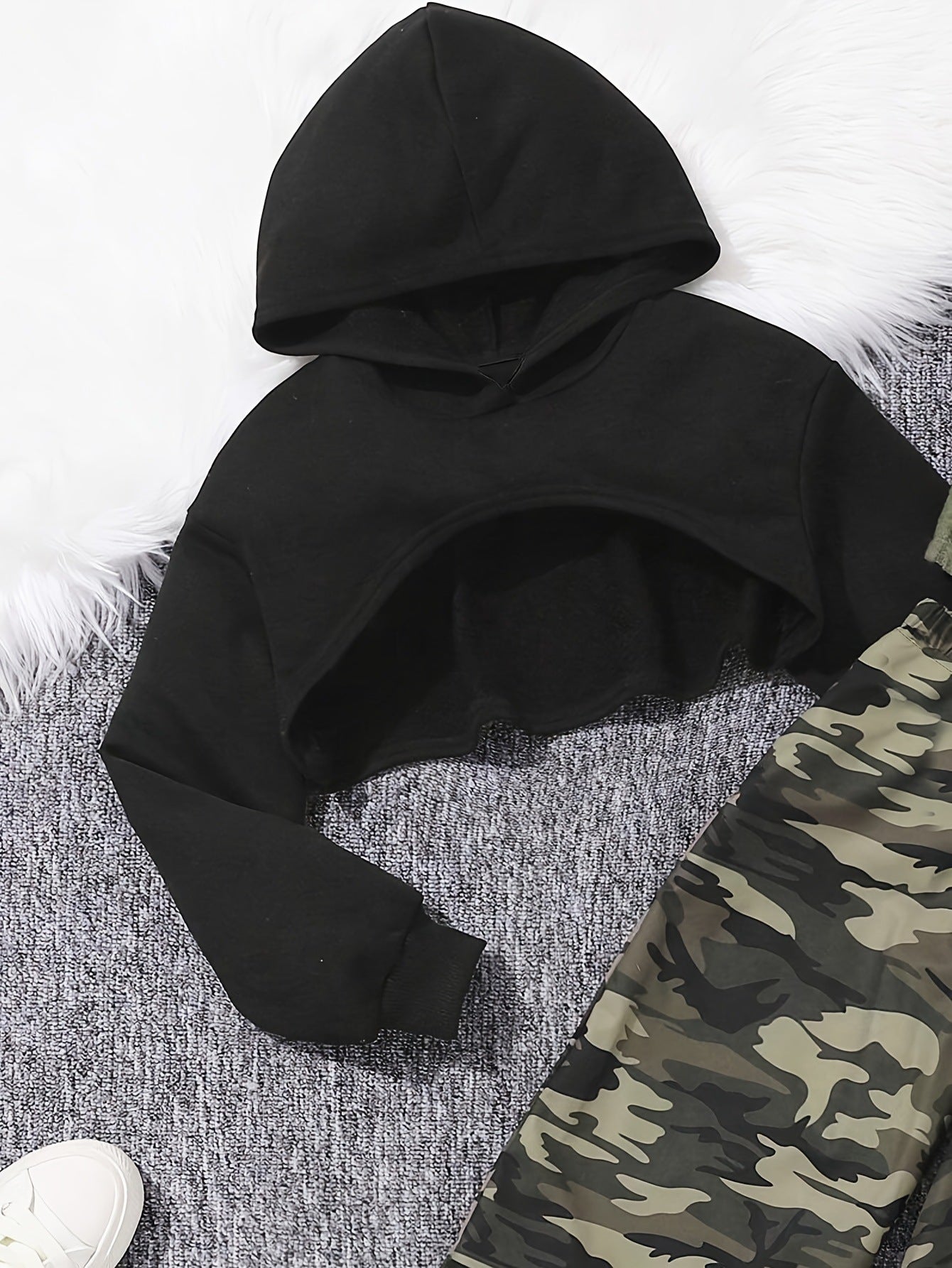 Eboo Tween Girl Solid High-low Hem Hoodie & Camo Print Pants & Tank Top