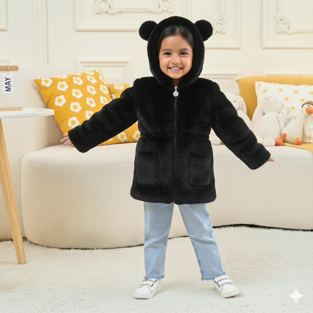 Eboo Girls Winter Warm Hooded Faux Fur Jacket with Cute Ear Design (Black)