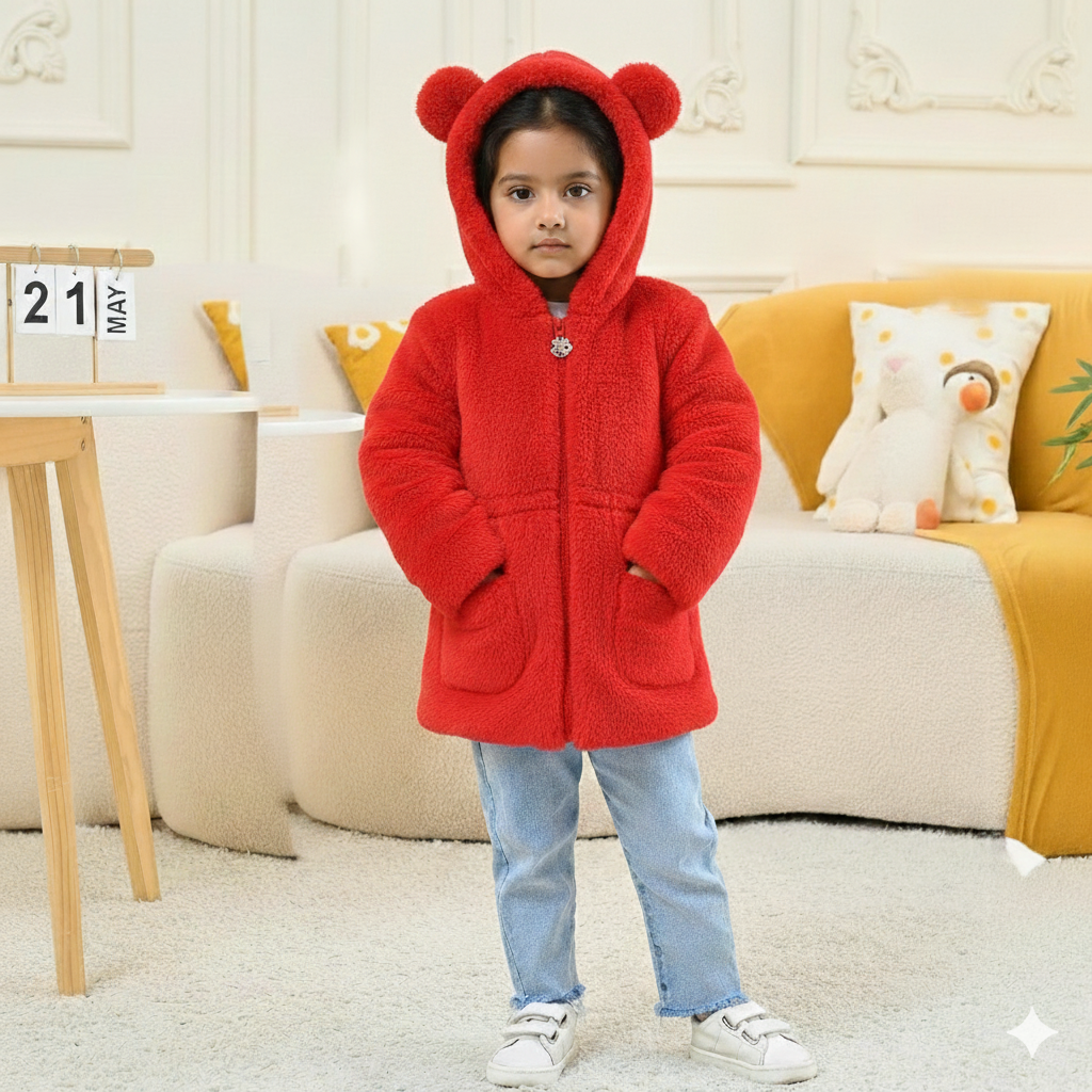 Eboo Girls Winter Warm Hooded Faux Fur Jacket with Cute Ear Design (Red)
