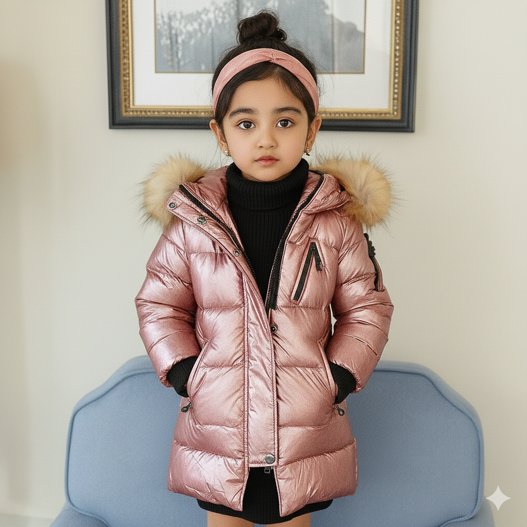 Eboo Kids Metallic Winter Fur Hood Coat Warm & Stylish Puffer Jacket (Pink)