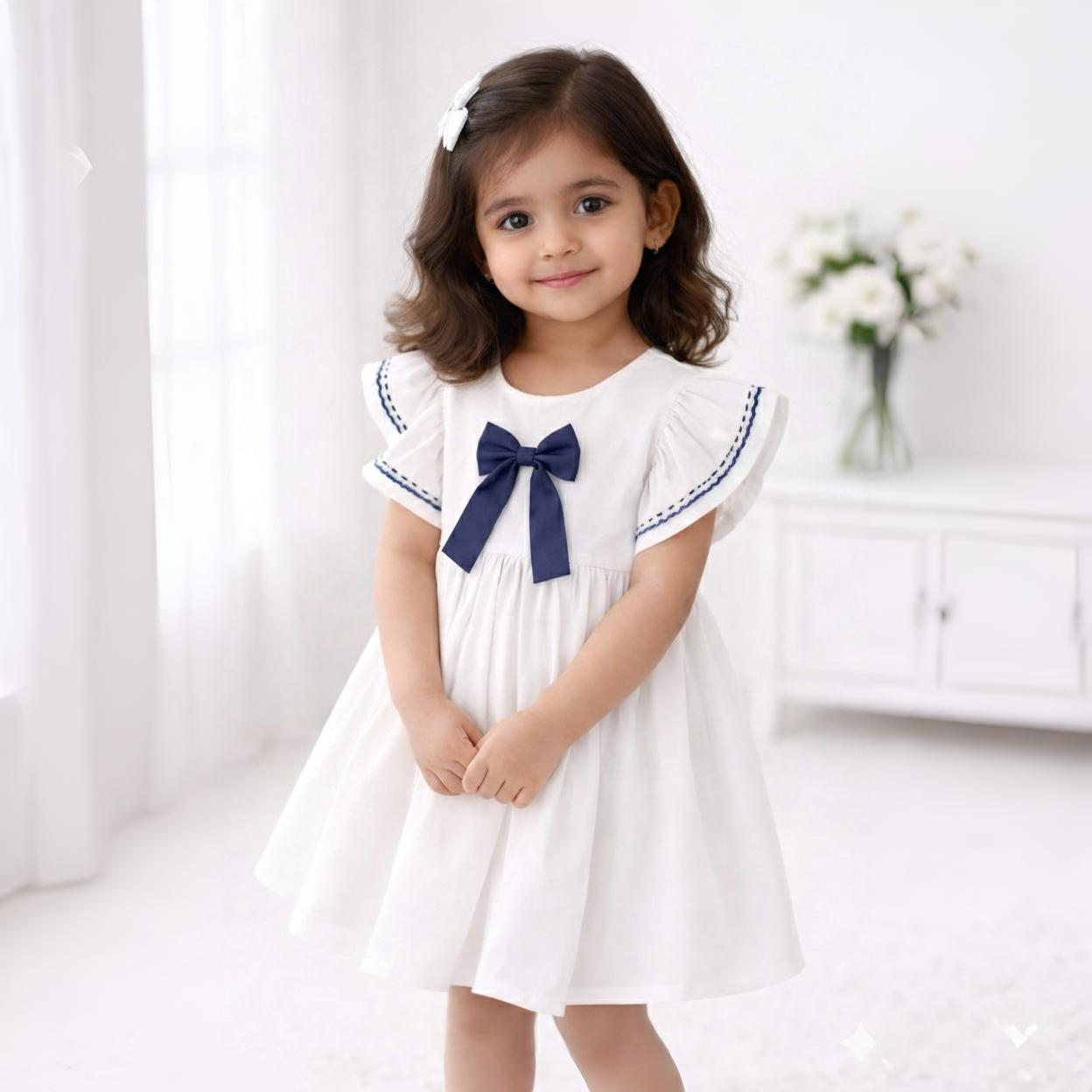 Eboo Cotton Plain White with Blue Bow Dress