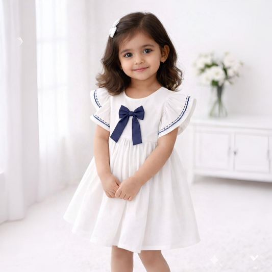 Eboo Cotton Plain White with Blue Bow Dress