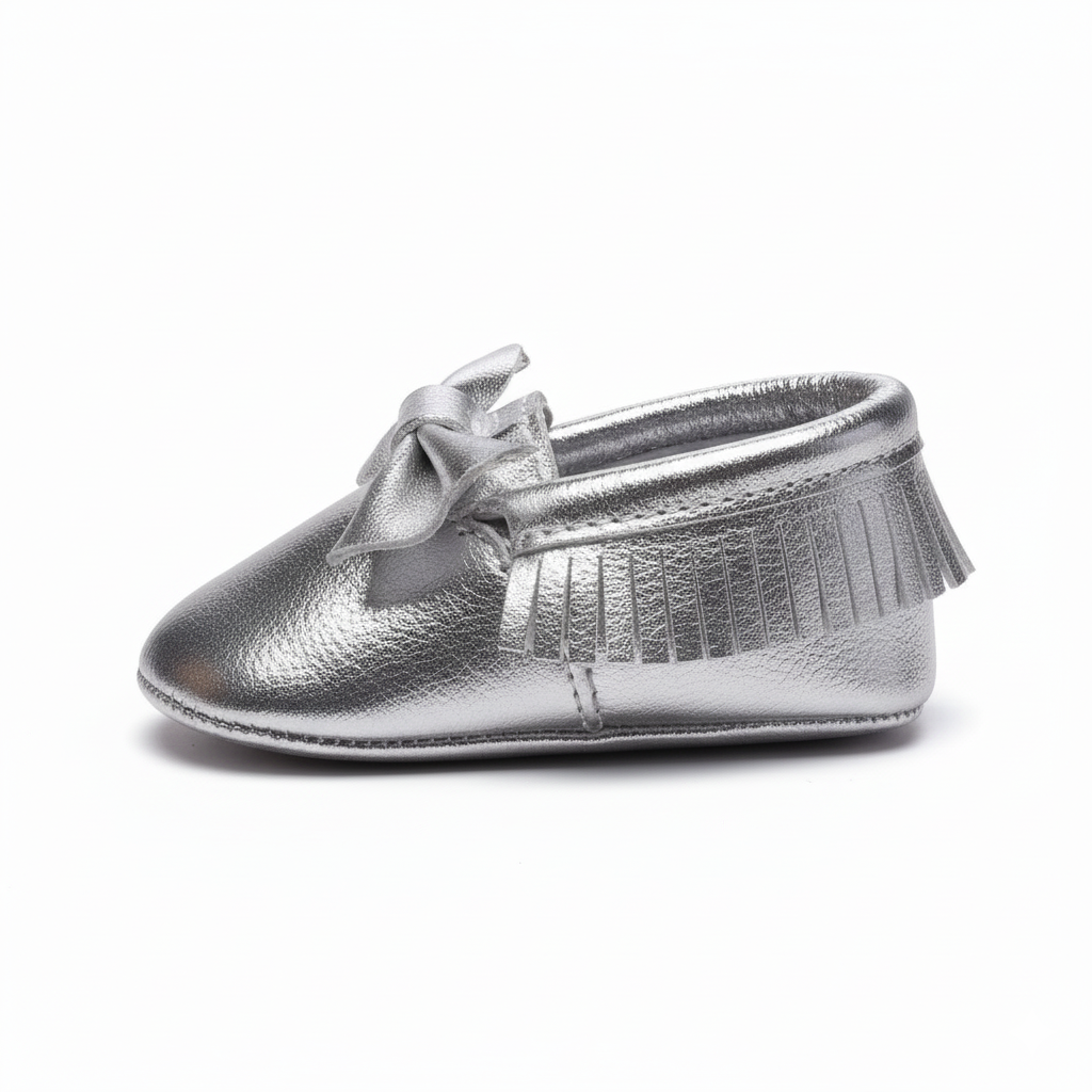 Eboo Shimmering Silver Bow Moccasins
