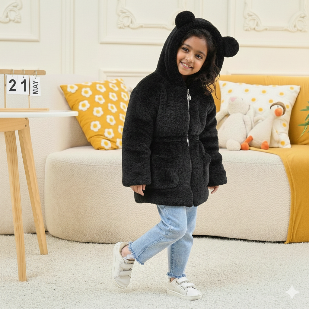 Eboo Girls Winter Warm Hooded Faux Fur Jacket with Cute Ear Design (Black)