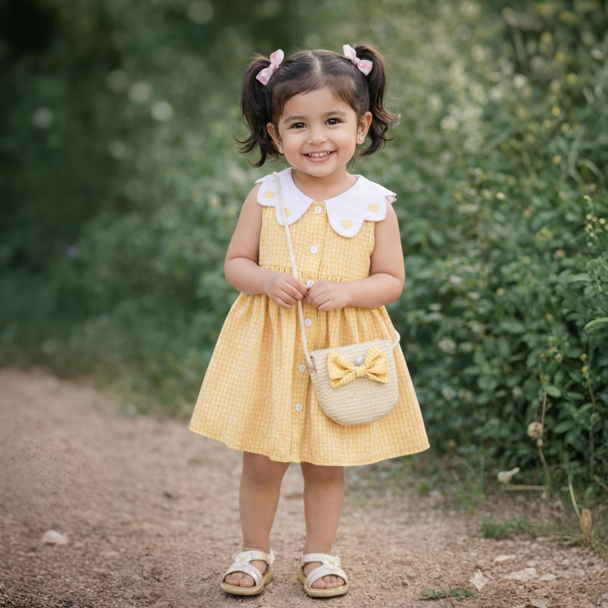 Eboo Baby Girls Sleeveless Heart Print Dress+Bag Set (YELLOW)