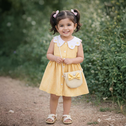 Eboo Baby Girls Sleeveless Heart Print Dress+Bag Set (YELLOW)