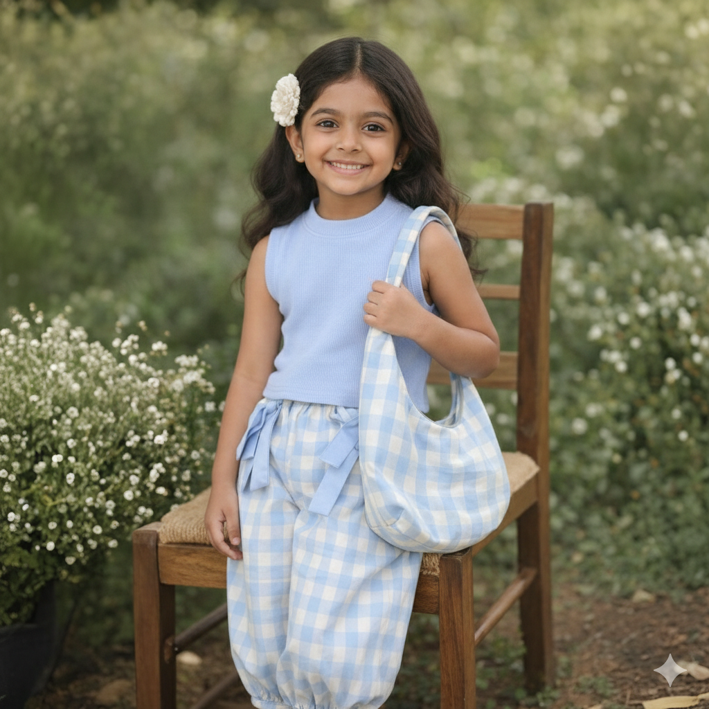 Eboo Summer Girls Suit New Blue Plaid Top with Bow Wide Leg Pants and Backpack Three-piece Set