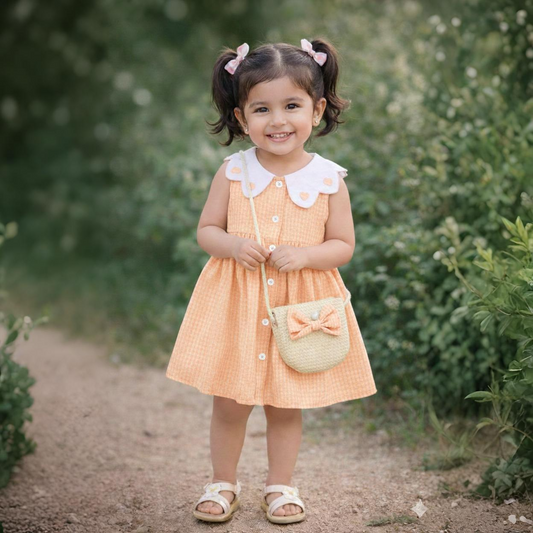 Eboo Cute Sleeveless Heart Print Dress+Bag Set (ORANGE).