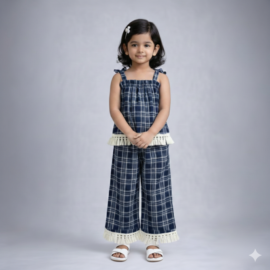 Eboo Girls Korean Summer Plaid Vest Wide Leg Pants 2pcs Outfits