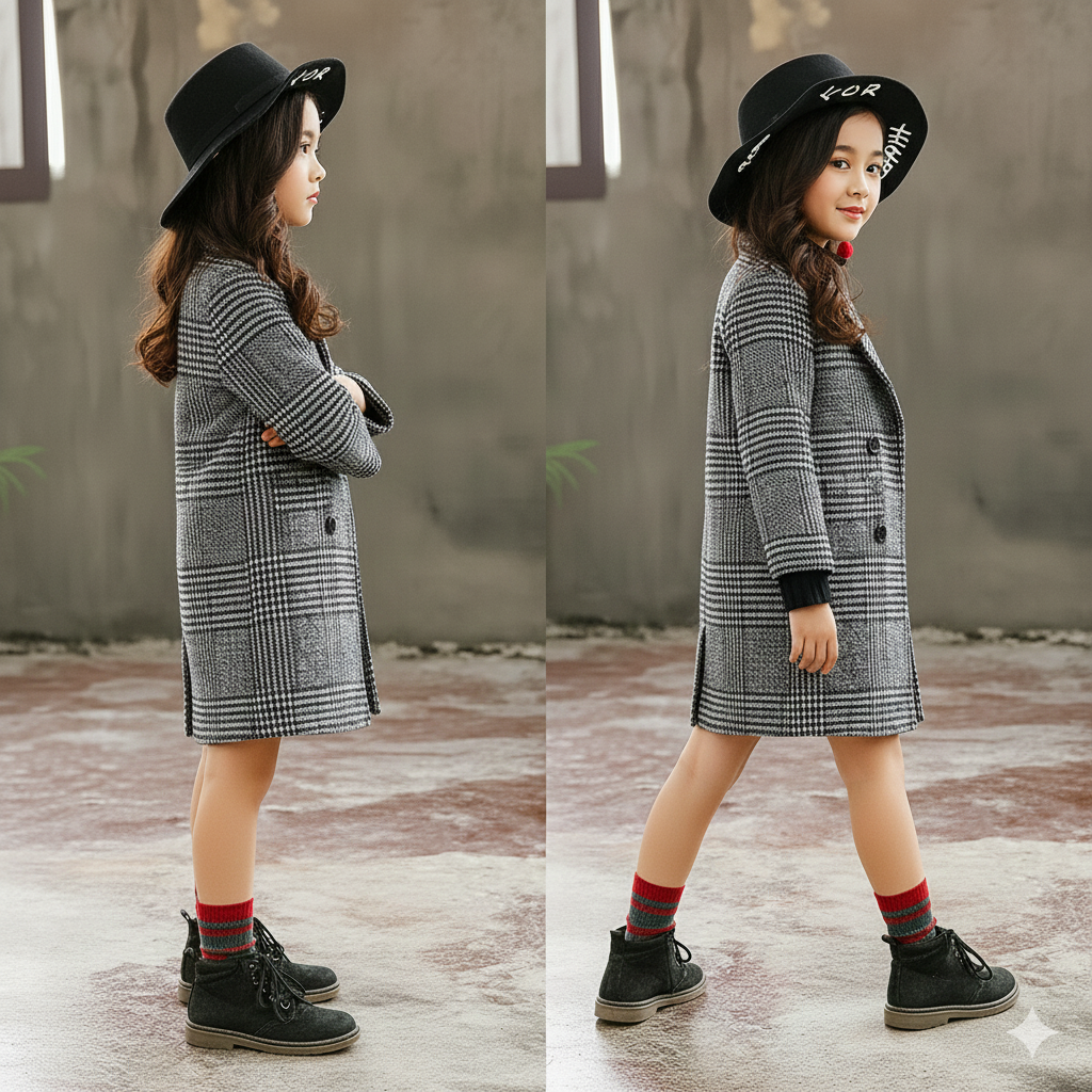 Eboo Classic Checkered Long Winter Coat (GREY)