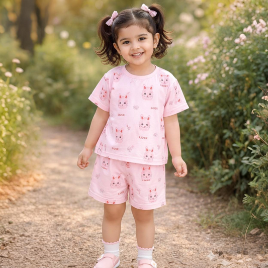 Eboo Girls Printed Round Neck T-shirt With Shorts - Clothing Set