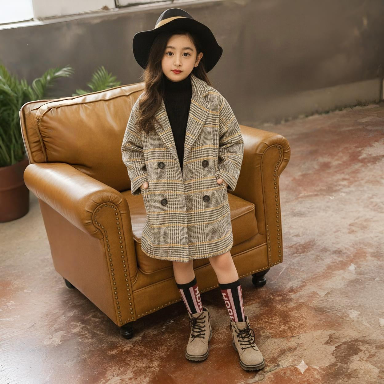 Eboo Classic Checkered Long Winter Coat (Brown)