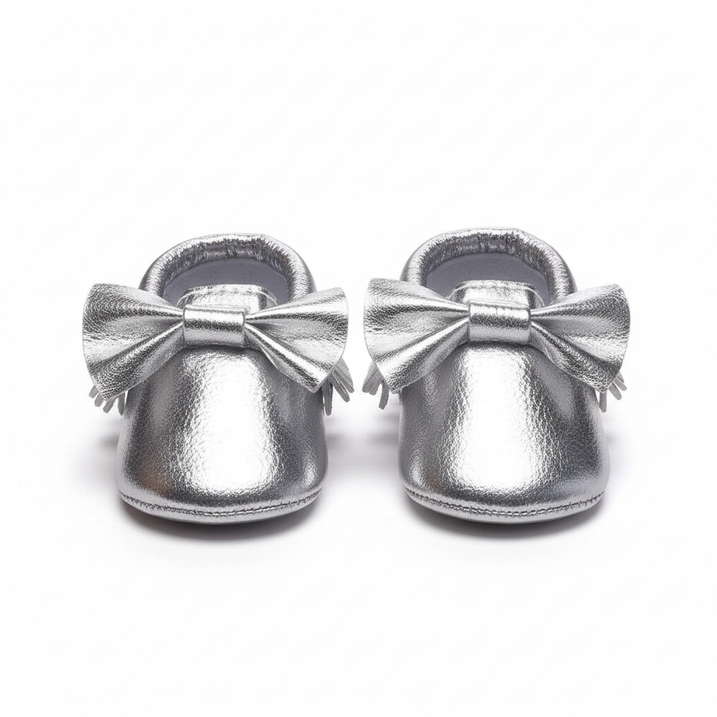 Eboo Shimmering Silver Bow Moccasins