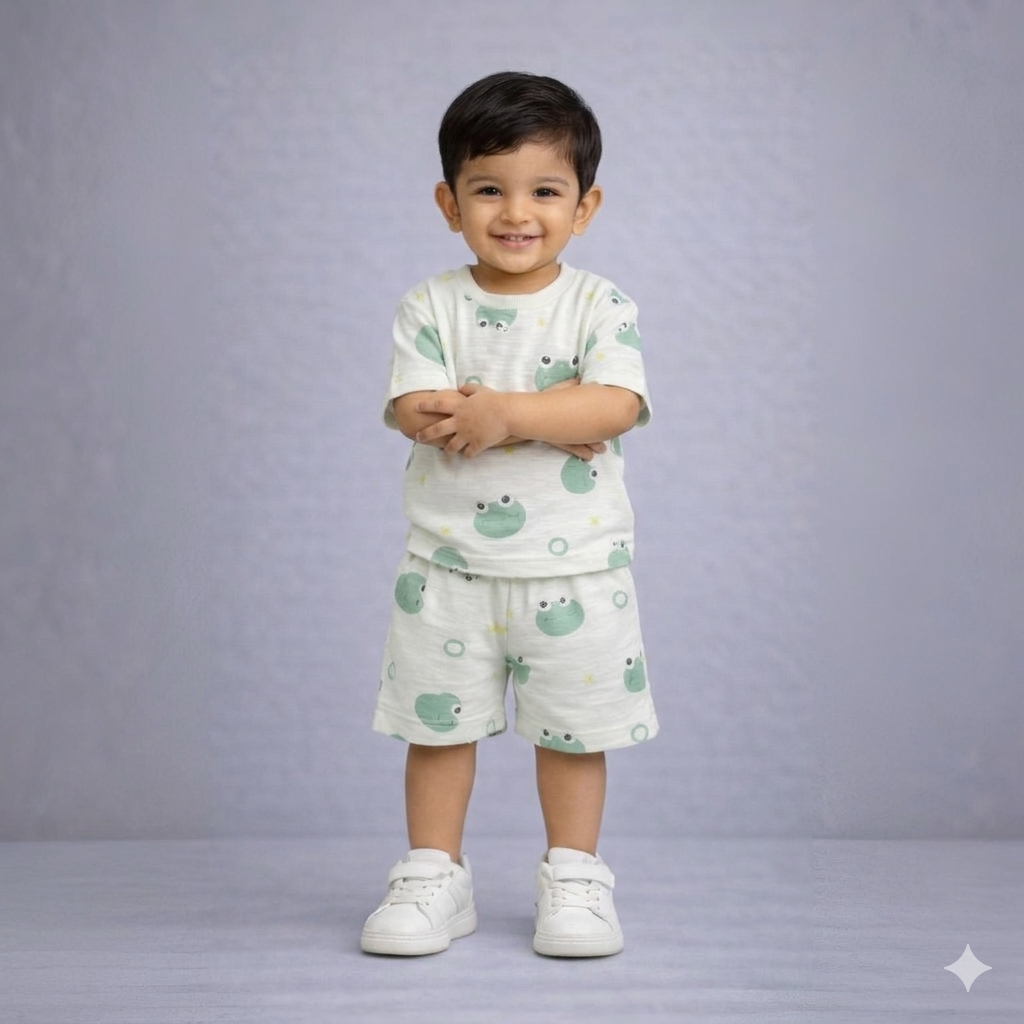 Eboo Cute Frog Printed Dress 2Pcs Set