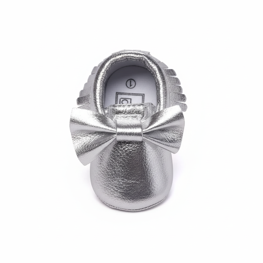 Eboo Shimmering Silver Bow Moccasins