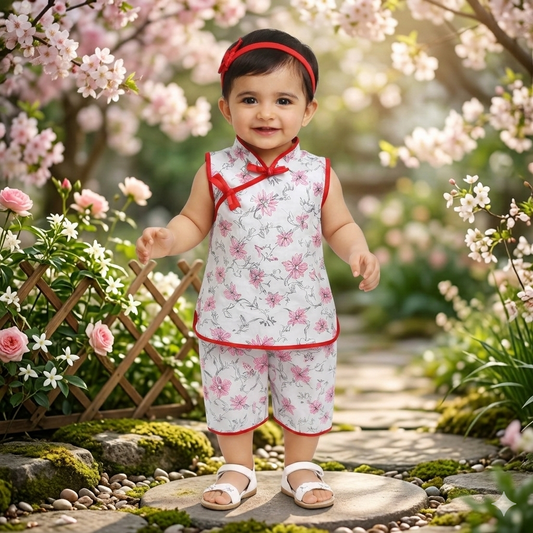 Traditional Chinese Style Floral Outfit for Kids – Sleeveless Top & Shorts Set