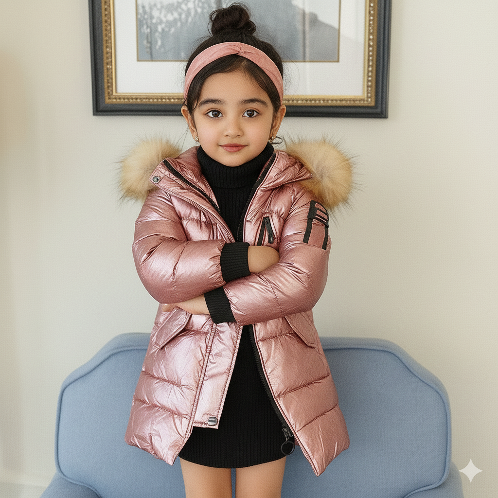 Eboo Kids Metallic Winter Fur Hood Coat Warm & Stylish Puffer Jacket (Pink)