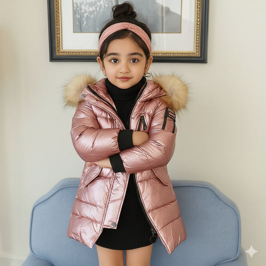 Eboo Kids Metallic Winter Fur Hood Coat Warm & Stylish Puffer Jacket (Pink)