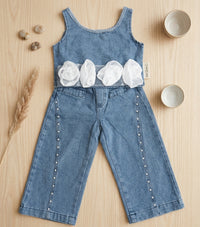 Eboo White Floral Rosette Denim Co-ord Set: Sleeveless Denim Top & Studded Jeans