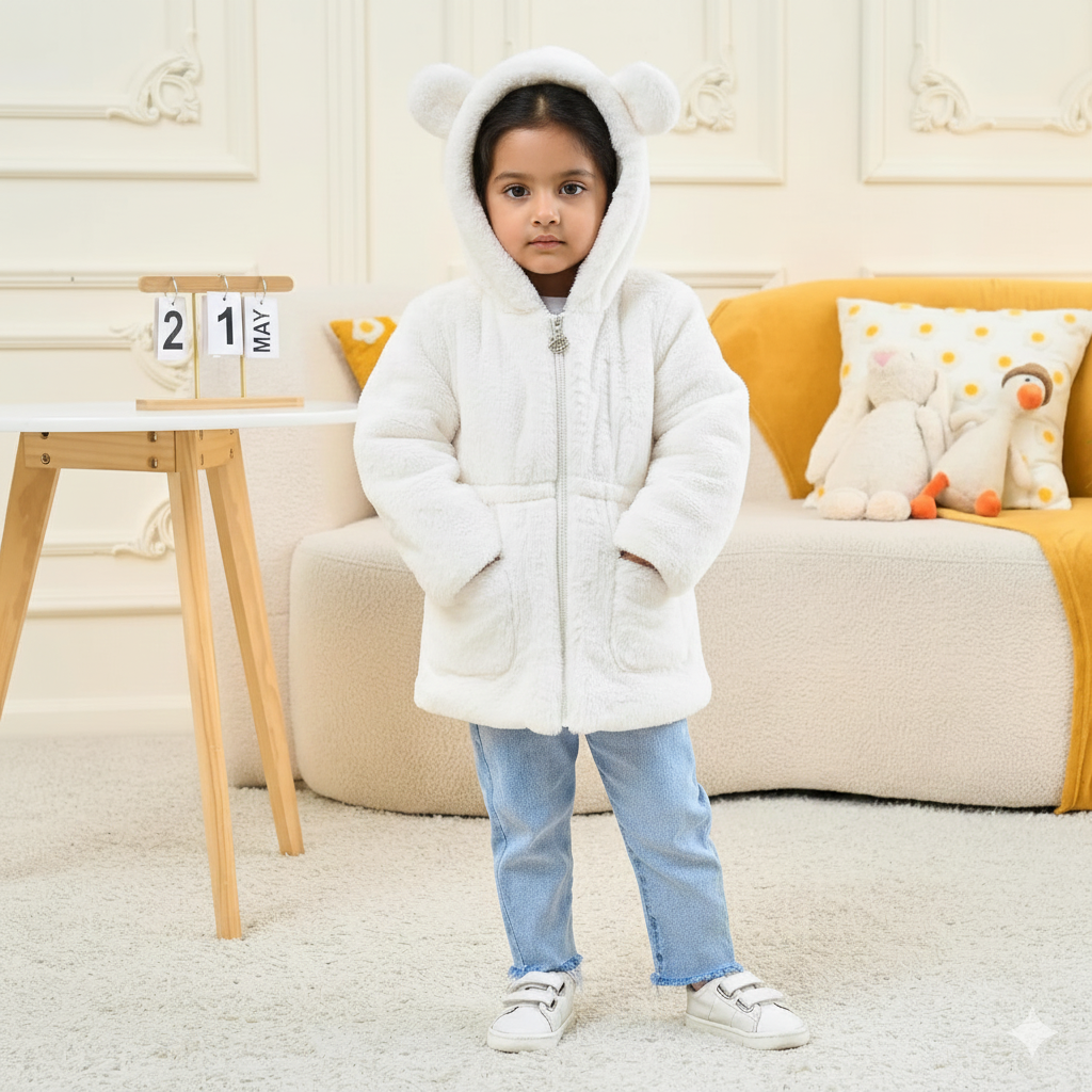 Eboo Girls Winter Warm Hooded Faux Fur Jacket with Cute Ear Design (White)